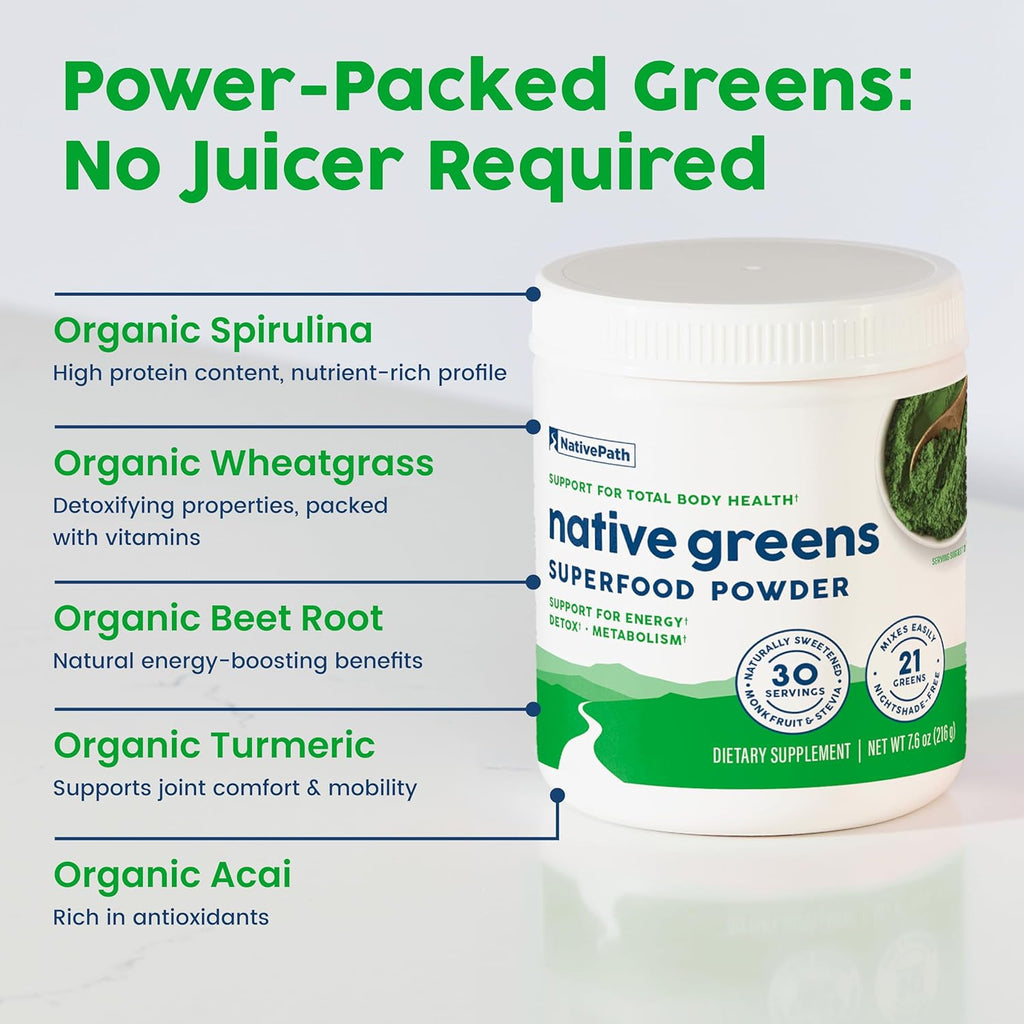 NativePath Native Greens Superfood Powder – Organic Greens, Spirulina, Beet Root Powder, Digestive Enzymes, Probiotics, Nightshade-Free, Naturally Sweetened, 30 Servings
