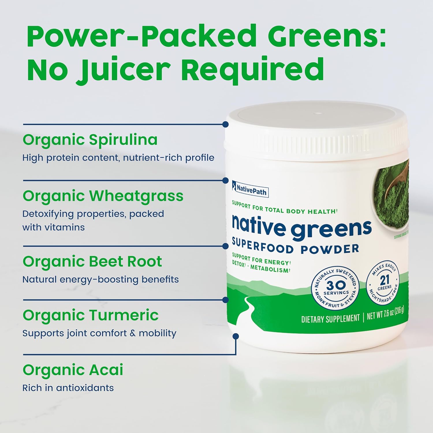 NativePath Native Greens Superfood Powder – Organic Greens, Spirulina, Beet Root Powder, Digestive Enzymes, Probiotics, Nightshade-Free, Naturally Sweetened, 30 Servings