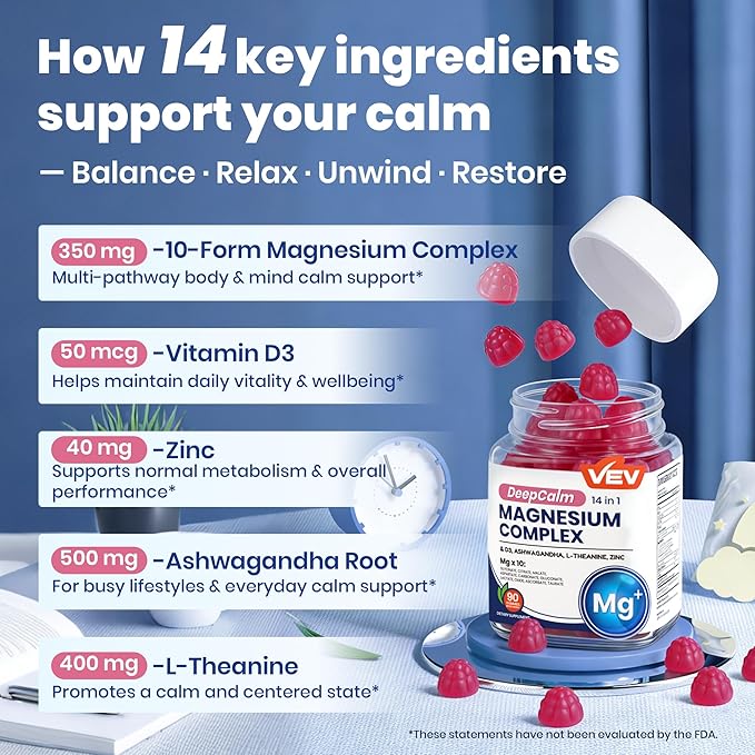 VEV Magnesium Complex DeepCalm 14-in-1 Gummies – with Ashwagandha, L-Theanine, Vitamin D3 & Zinc – Magnesium Complex for Women and Men – No Added Sugar Vegan Magnesium Glycinate – 90 Gummies