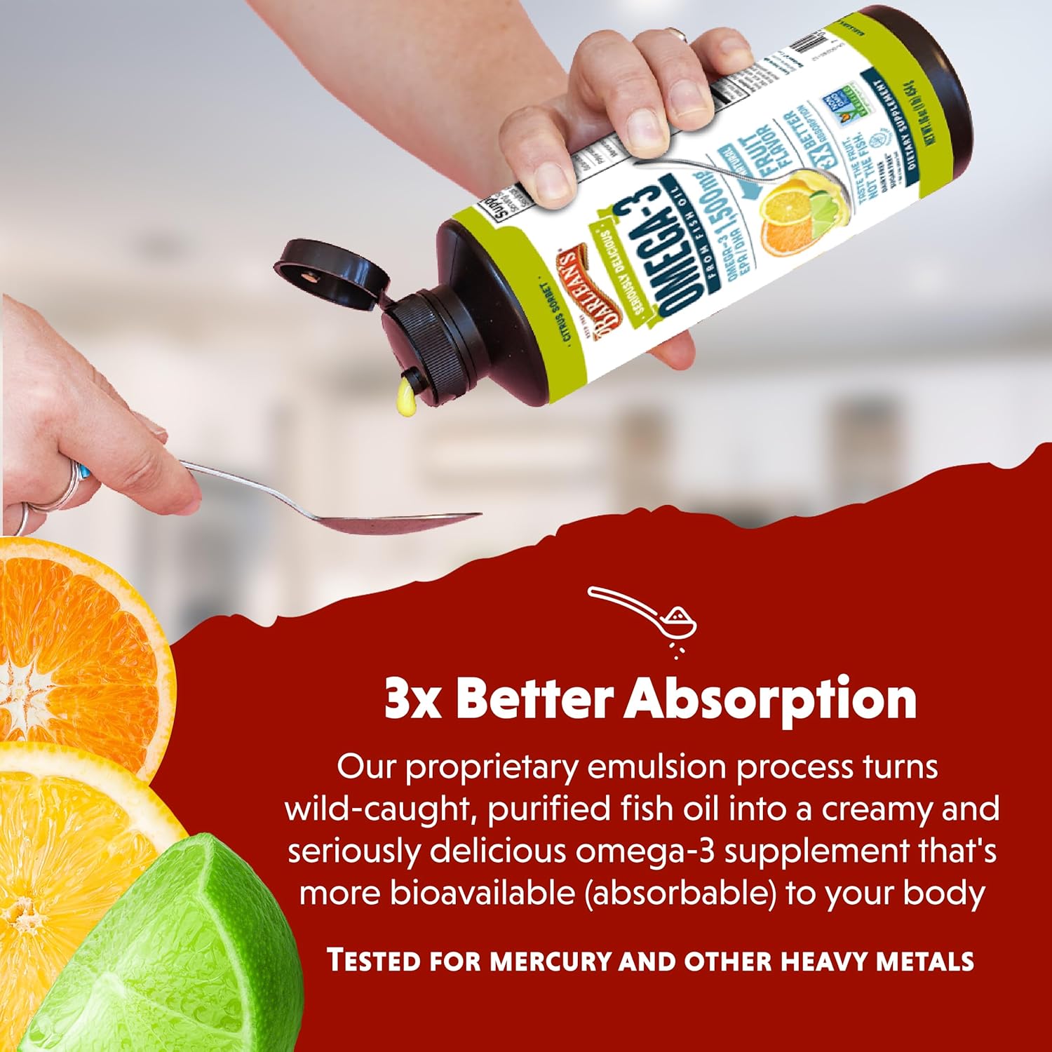 Barlean's Citrus Sorbet High Potency Omega 3 Fish Oil Liquid Supplement, 1500mg of EPA & DHA Fatty Acid, Smoothie Flavored & Burpless for Brain, Joint, & Heart Health, 16 oz