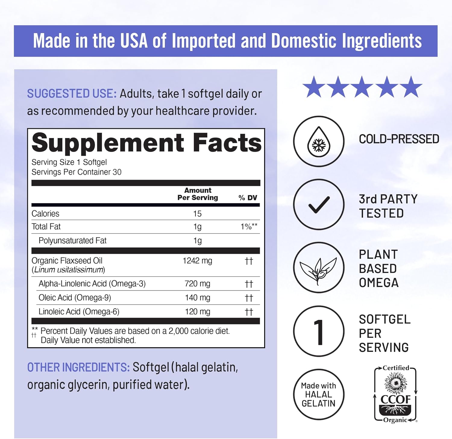 NatureWise Flaxseed Oil 1200 mg, Fish Free Omega 3 6 9 with 720mg ALA, Dietary Supplement for Heart Health Support - Organic, Cold Pressed, Non-GMO - 30 Softgels[1-Month Supply]