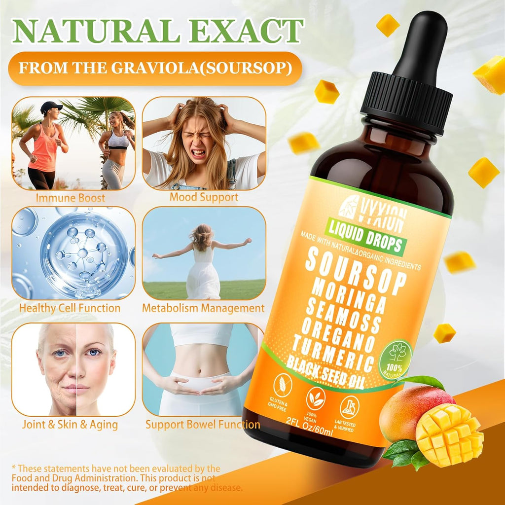 Soursop Bitters Liquid Drops 10 in 1 with Sea Moss, Moringa, Turmeric, Black Seed Oil, Oregano, Ashwagandha | Herbal Extracts for Overall Health-Enhancing | Vegan, Non-GMO | 2 Fl Oz(Mango flavor)