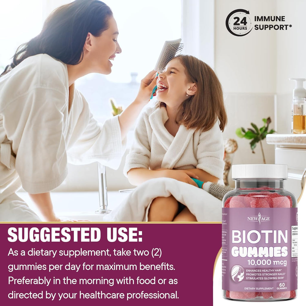 NEW AGE Biotin Gummies – Hair, Skin & Nails Gummies – 10,000 mcg - Non-GMO Supplement for Women, Men - Made in USA -120 Count