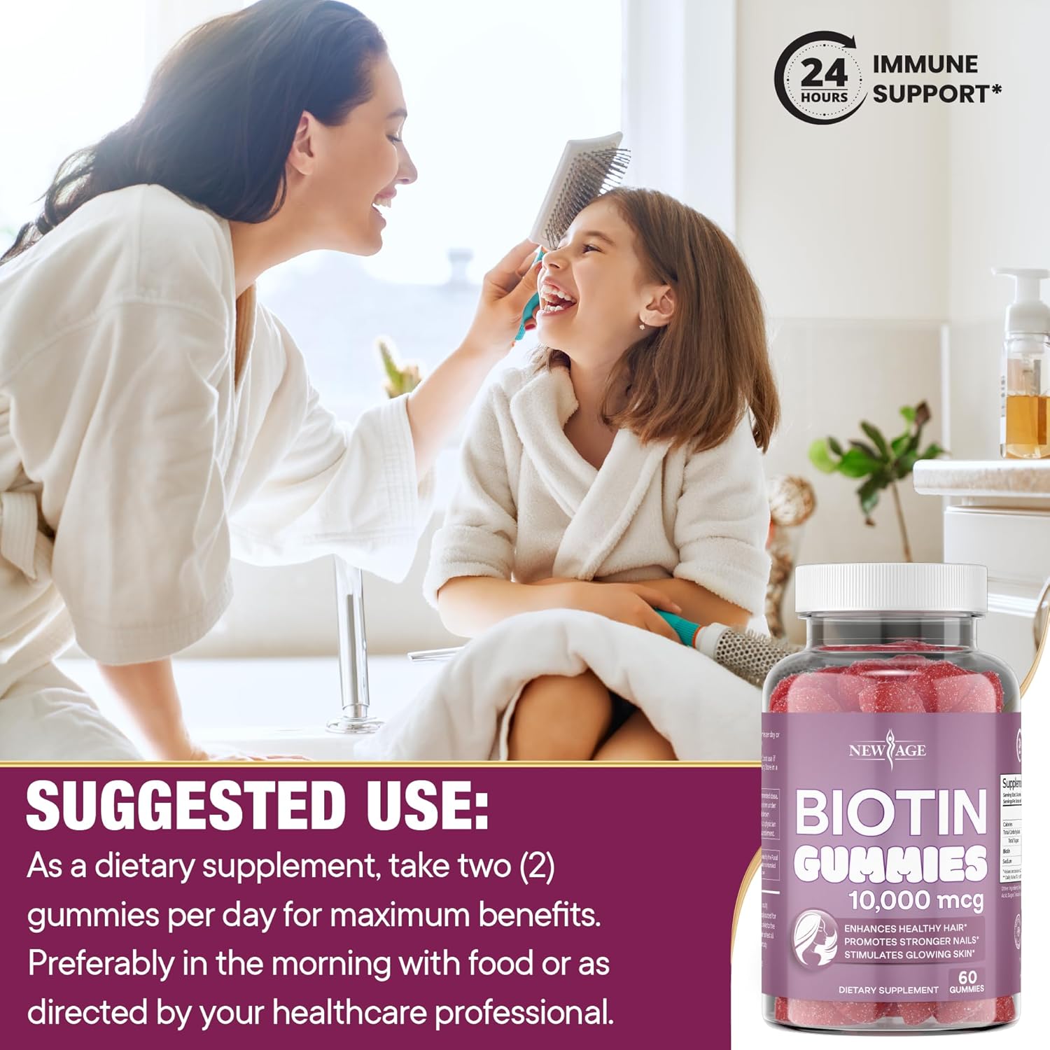 NEW AGE Biotin Gummies – Hair, Skin & Nails Gummies – 10,000 mcg - Non-GMO Supplement for Women, Men - Made in USA -120 Count