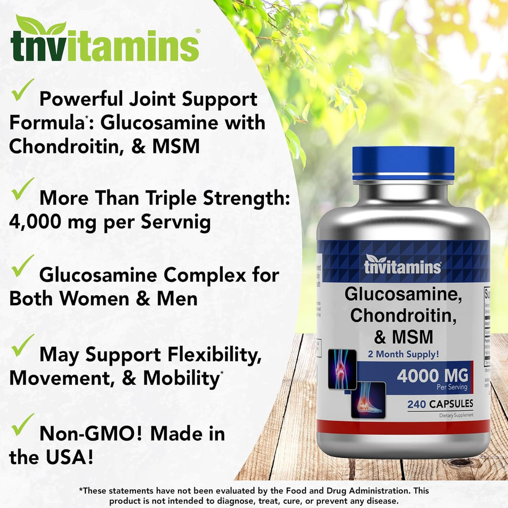 Glucosamine, Chondroitin, & MSM (4000 MG - 240 Capsules) for Men & Women | Joint Support Supplement Complex* | More Than Triple Strength! | Non-GMO | Produced in The USA