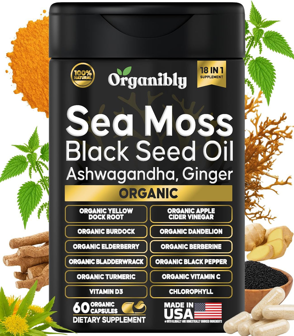 Organic Sea Moss Black Seed Oil Ashwagandha Ginger Capsules. Sea Moss Capsules with Black Seed Oil, Ashwagandha, Turmeric, Bladderwrack, Burdock Root, Apple Cider Vinegar