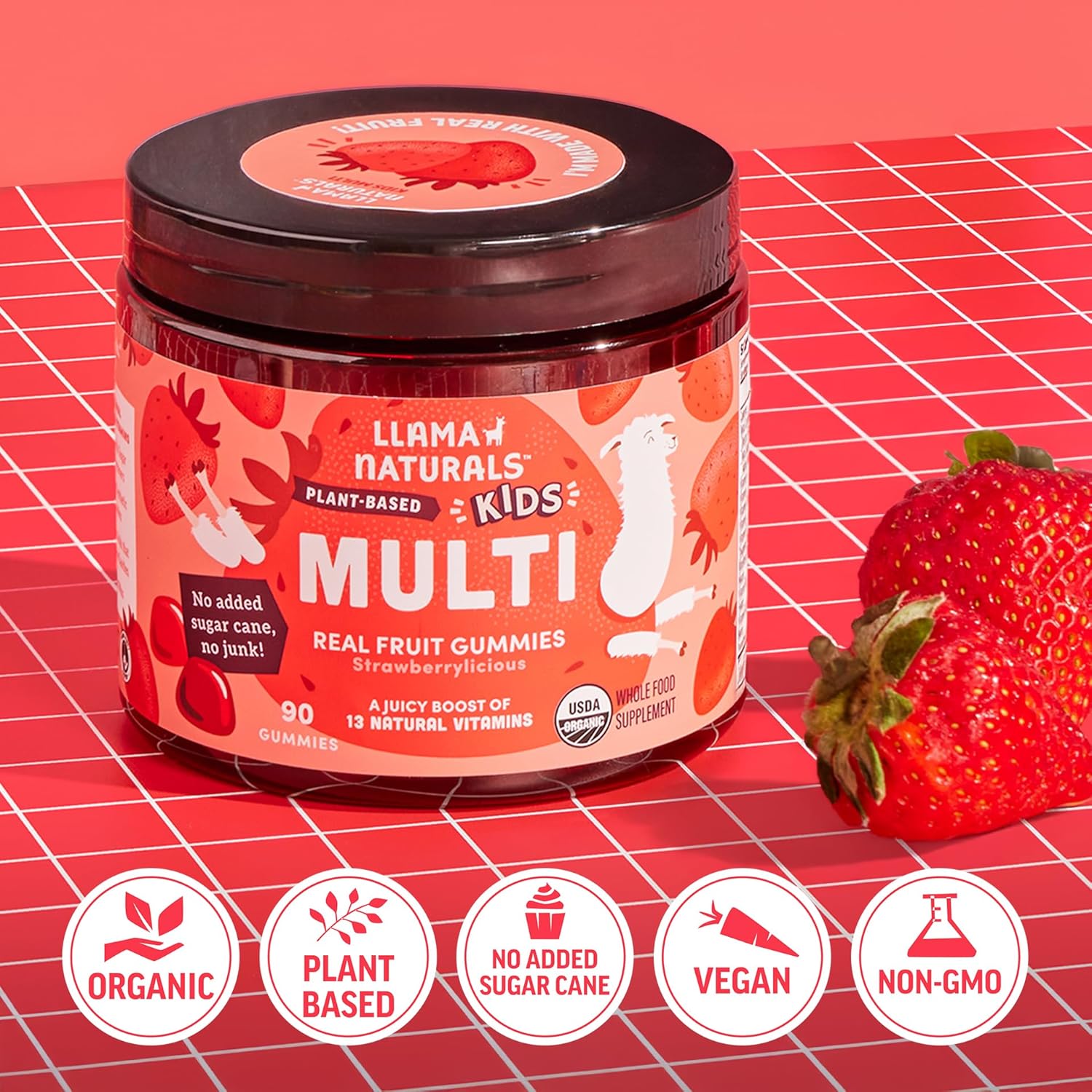 Llama Naturals Kids Multivitamin Gummies, Vegan, Organic with Vitamin D, C & K, Toddler Real Fruit Gummy Vitamins, Chewable Supplement, Whole Food Multivitamin, No Added Sugar Cane, Strawberry, 90 Ct