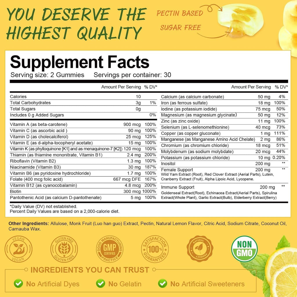 Sugar Free Multivitamin Gummies for Women 14+ w/Iron, Bariatric Multivitamin, Inositol, Folate, Biotin, Womens Daily Gummy w/Vitamin A, D, C, B, for Hair, Skin, Energy, Immune, Lemon Flavor
