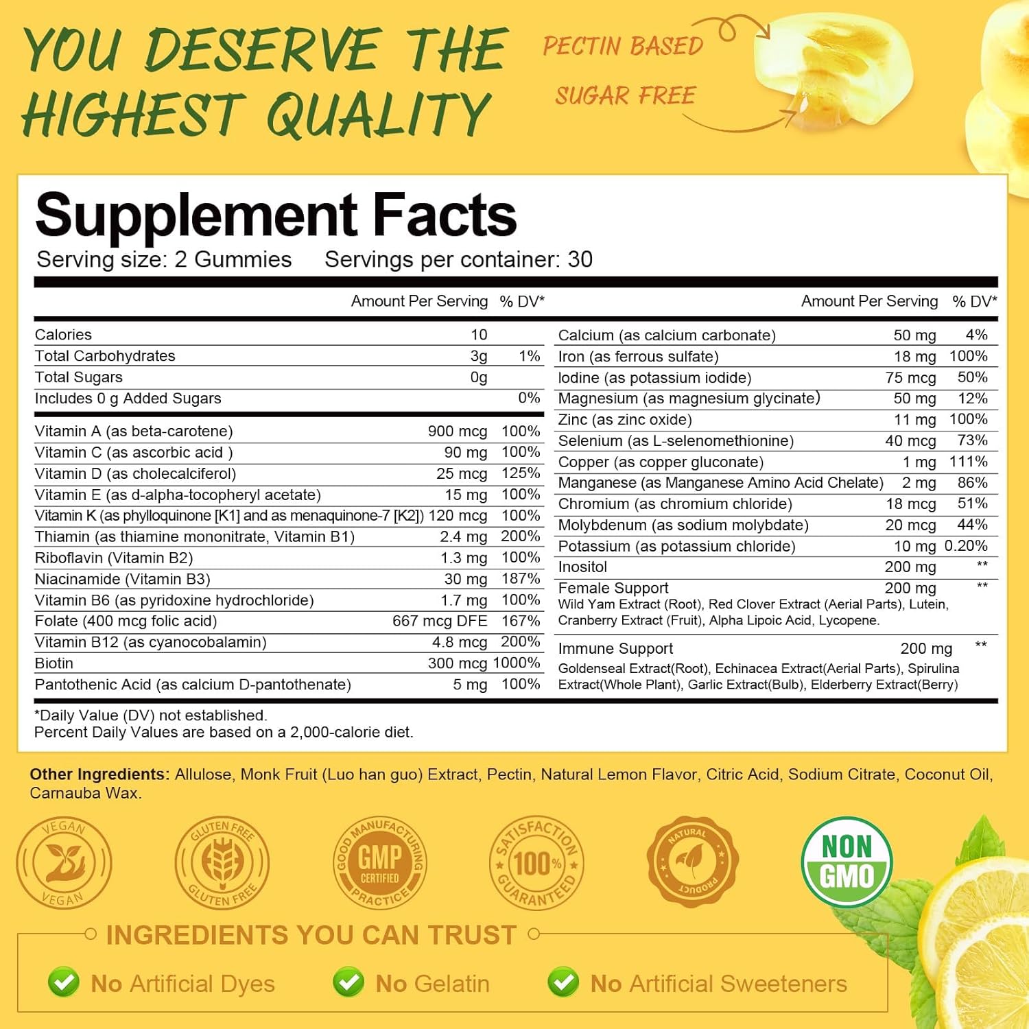 Sugar Free Multivitamin Gummies for Women 14+ w/Iron, Bariatric Multivitamin, Inositol, Folate, Biotin, Womens Daily Gummy w/Vitamin A, D, C, B, for Hair, Skin, Energy, Immune, Lemon Flavor