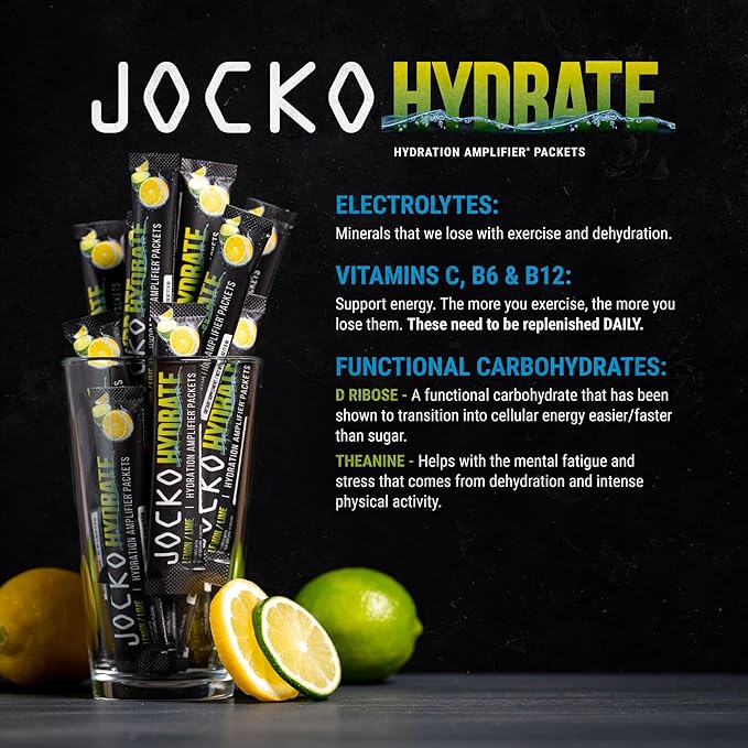 Jocko Fuel Hydrate Electrolytes Powder - Low Sugar Hydration Amplifier for Recovery, Dehydration & Exercise - Vitamins B6, B12 & C (32 Packets, 2 Pack Bundle)