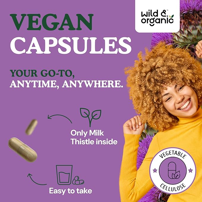 Wild & Organic Milk Thistle Capsules 1000mg - Liver Detox Cleanse - Silymarin Milk Thistle Supplement for Liver Support - 120 Vegan Capsules - 2-Month Supply - No Fillers, Non-GMO