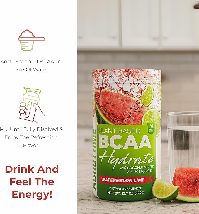 About Time BCAA Hydration Powder Watermelon Lime, with L-Glutamine & Electrolytes, Non-GMO, Gluten Free, Monk Fruit, Coconut Water, 20 Servings