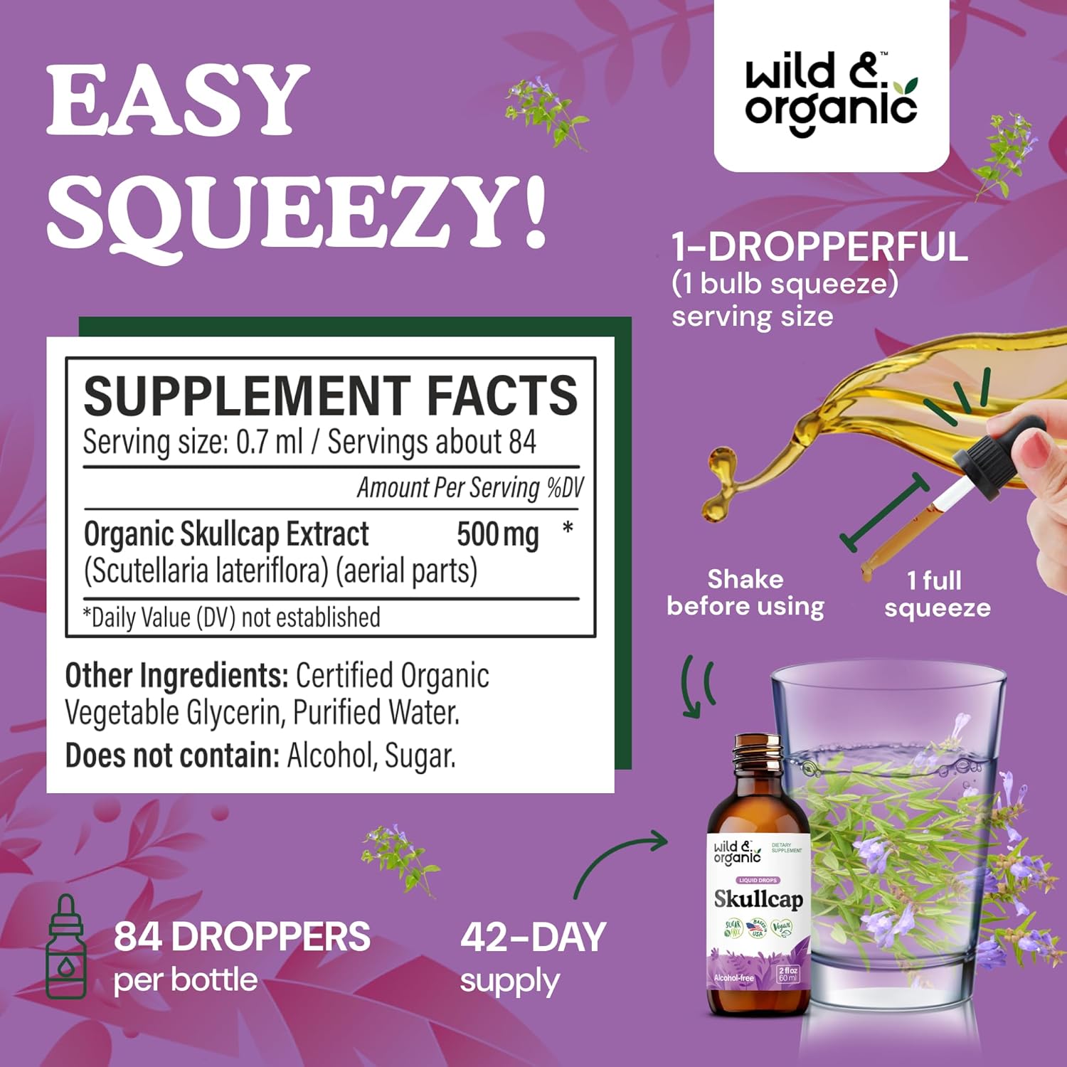 Wild & Organic Skullcap Tincture - Relaxation, Good Mood, Calmness - Liquid Skullcap Herb Supplement - Vegan, Sugar & Alcohol-Free Drops - 2 fl oz