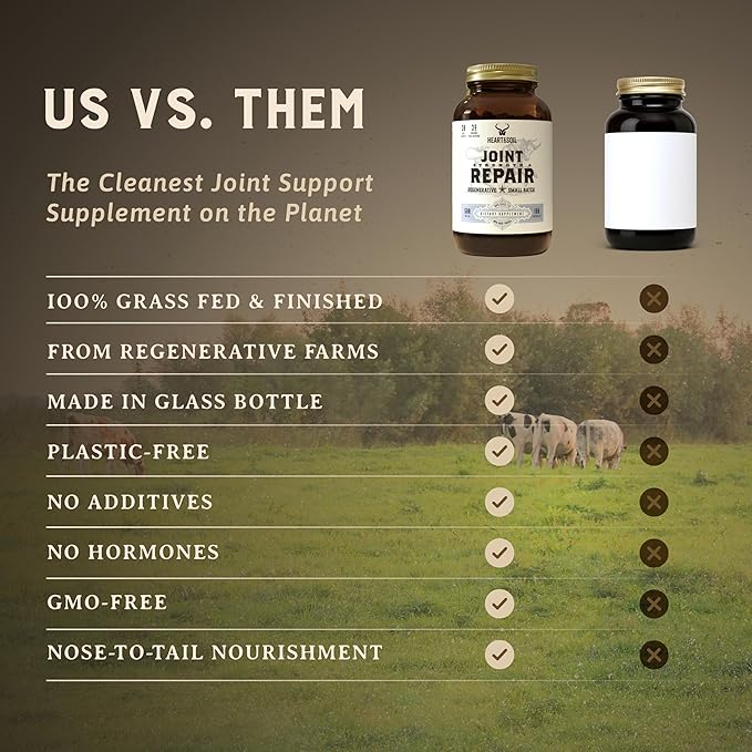 Heart & Soil 100% Grass Fed & Finished Joint Support Supplement from Regenerative Cattle with Trachea, Scapula & Bone Marrow – Supports Joint Strength & Mobility – 3000mg – Glass Bottle – 180 Capsules
