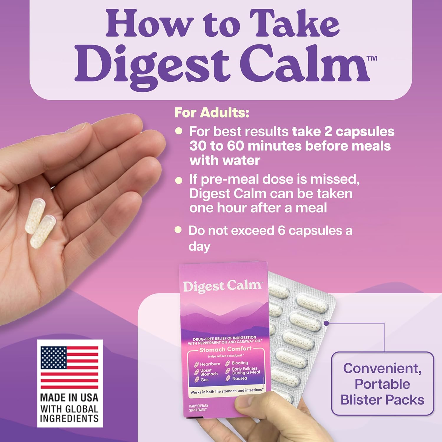 Digest Calm™ - Relief of Occasional Indigestion, Upset Stomach, Nausea, Gas, Bloating, Early Fullness - Herbal Supplement - 36 Capsules