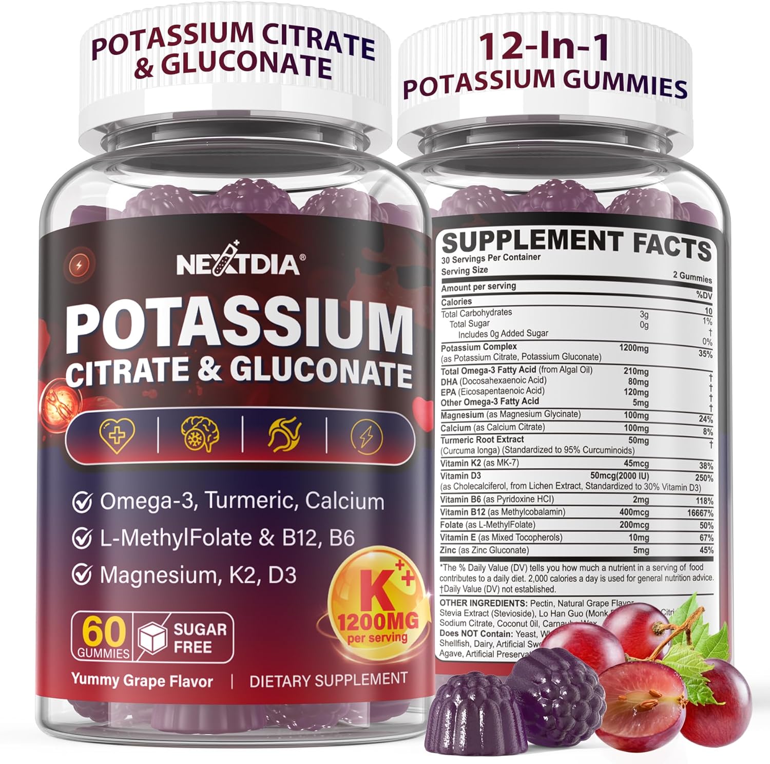 Potassium Citrate and Potassium Gluconate Supplement, 1200mg Two Forms of Potassium Gummies, w/Magnesium, Omega-3, Calcium, Vitamin D3 K2 B12 E B6, Folate for Muscles, Nerves, Health Bones, 120Cts