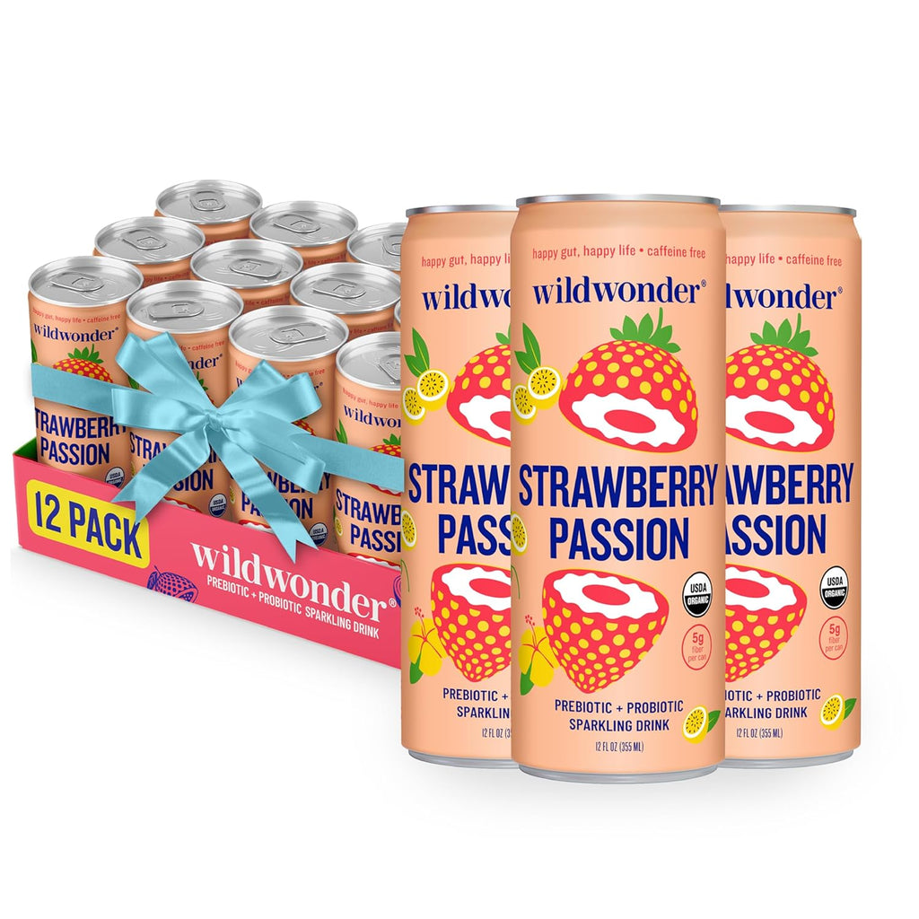 wildwonder Sparkling Probiotic Drink 12pk, For Gut Health & Immune Support, Strawberry Passion, 5g Prebiotic Fiber, Live Probiotics, Organic, Vegan, Low Sugar, 12 Pack, 12oz Can, As Seen on Shark Tank