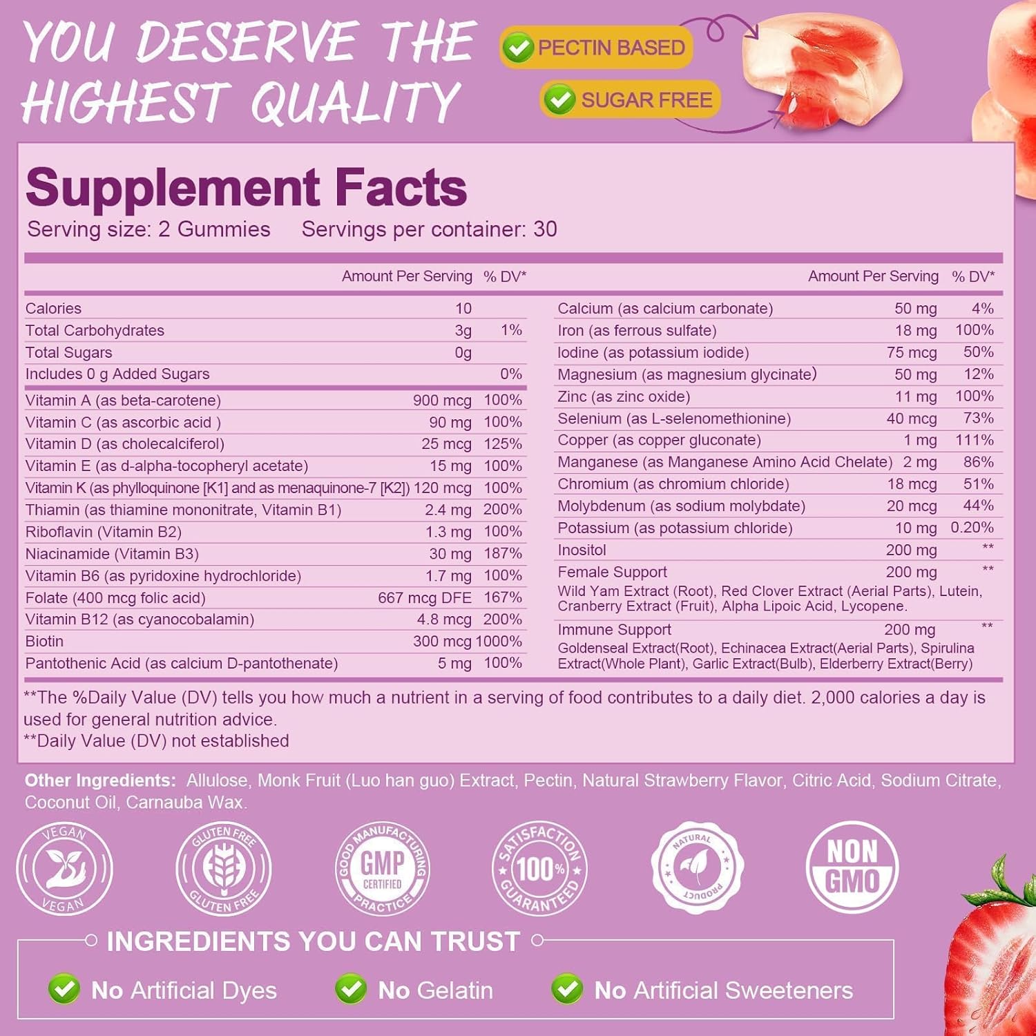 Sugar Free Multivitamin Gummies for Women 14+ w/Inositol, Iron, Folate, Biotin, Womens Daily Multivitamin Gummy w/Vitamin A, D, C, B, Support Hair, Skin, Energy, Immune, Strawberry Flavor
