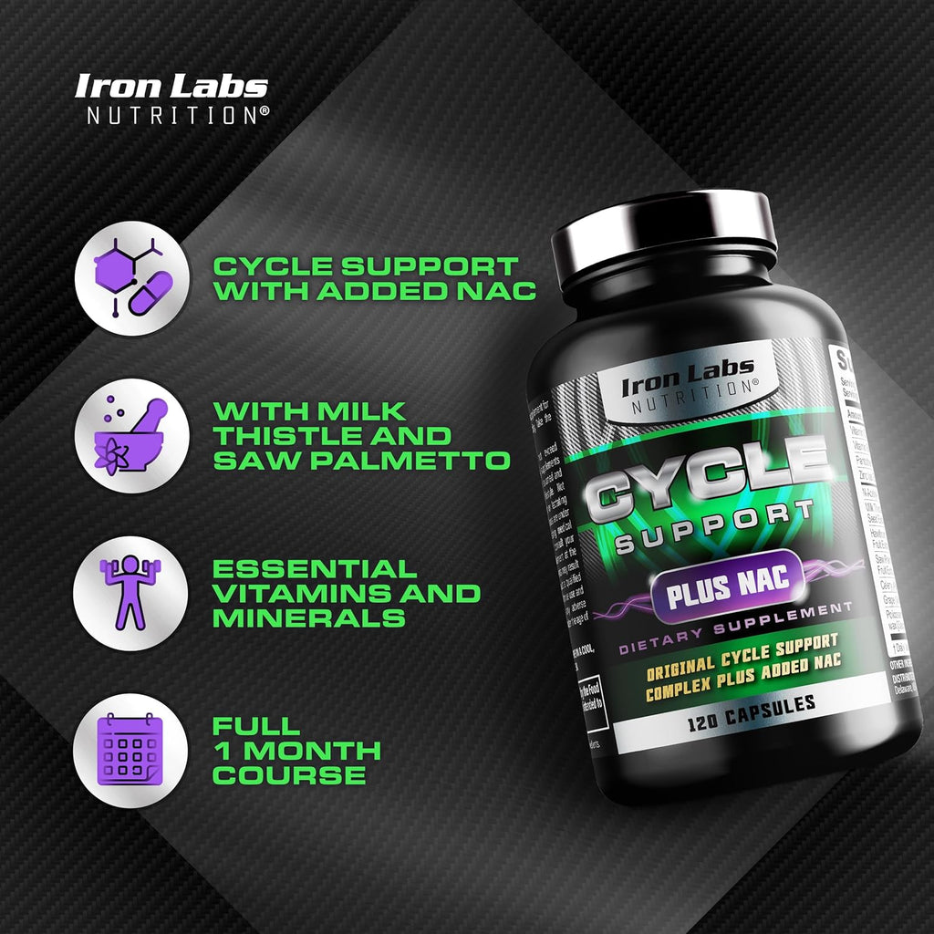 Iron Labs Nutrition: Cycle Support Plus NAC (N-Acetyl-L-Cysteine) - Kidney and Liver Support Supplement - On Cycle Support Supplements for Men - N Acetyl L Cysteine and Milk Thistle (120 Capsules)