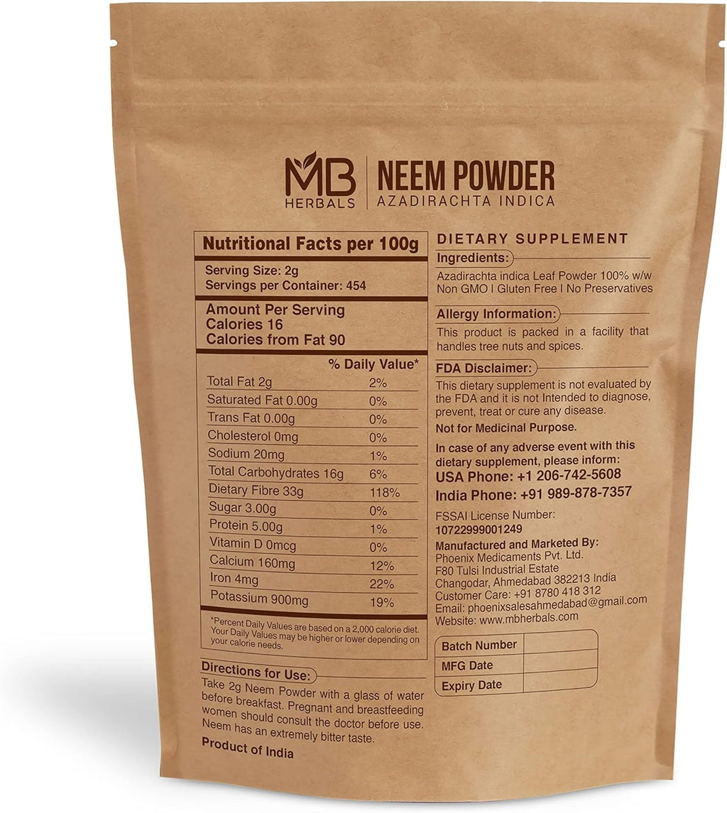 MB Herbals Pure Neem Powder 2 lb | 32 oz | 908 Gram | 100% Pure Wild-Crafted Neem Leaf Powder | Very Bitter Neem Supplement for Skin Hair & Detox | Azadirachta Indica