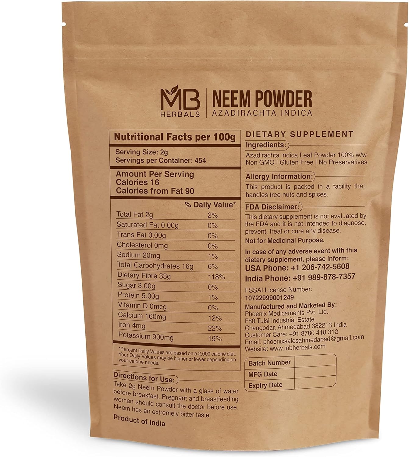 MB Herbals Pure Neem Powder 2 lb | 32 oz | 908 Gram | 100% Pure Wild-Crafted Neem Leaf Powder | Very Bitter Neem Supplement for Skin Hair & Detox | Azadirachta Indica