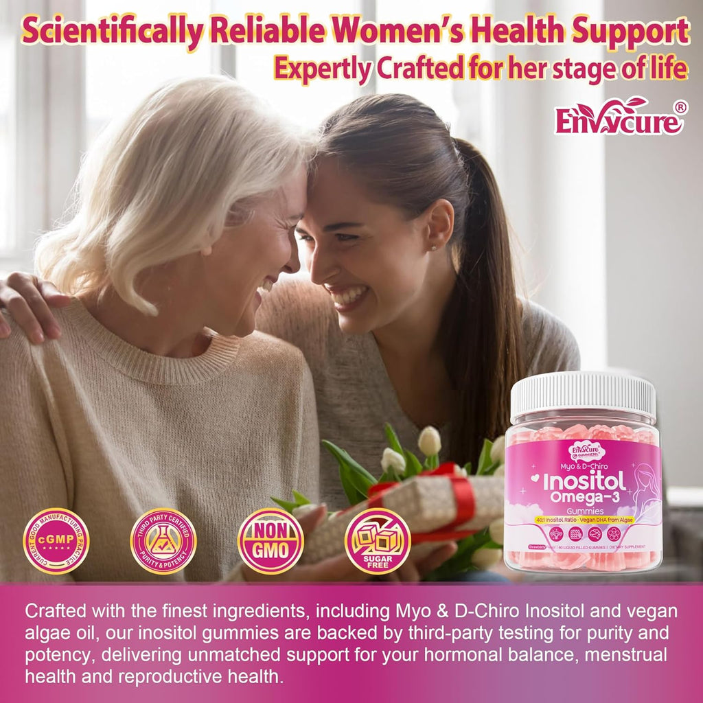 Inositol + Omega-3 Gummies for Women – Myo-Inositol & D-Chiro Inositol (40:1), Omega-3 DHA/EPA (3:1) – Inositol Supplement for Hormonal Balance & Cycle Health, Vegan Sugar-Free, 60 Ct
