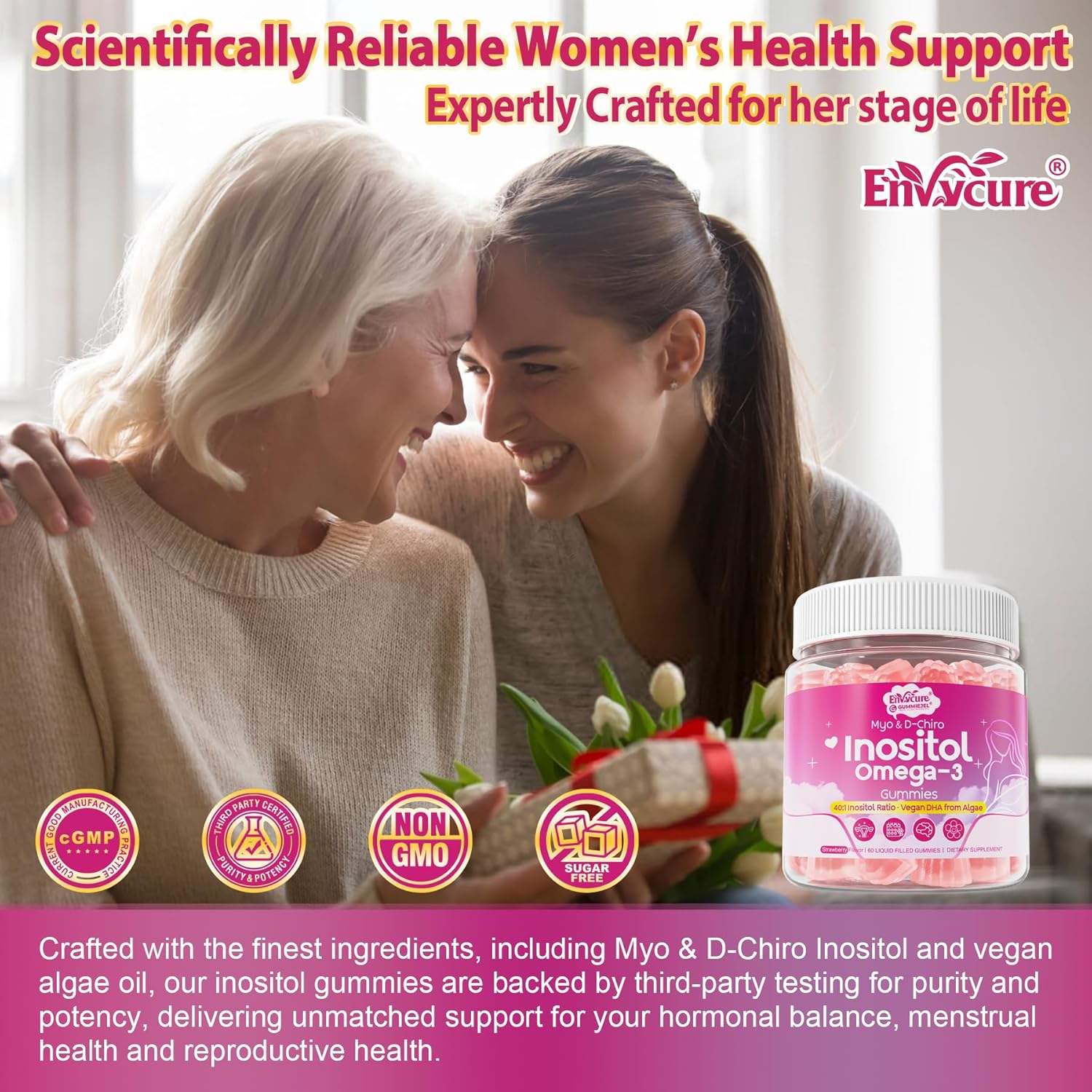 Inositol + Omega-3 Gummies for Women – Myo-Inositol & D-Chiro Inositol (40:1), Omega-3 DHA/EPA (3:1) – Inositol Supplement for Hormonal Balance & Cycle Health, Vegan Sugar-Free, 60 Ct