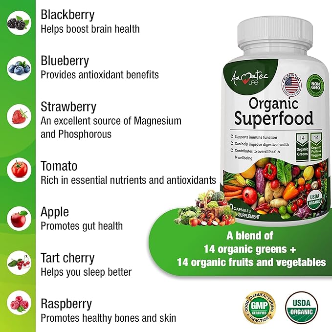 Organic Superfood Greens Fruits and Veggies Complex - Dietary Supplement with 14 Greens and 14 Fruits & Vegetables with Alfalfa Rich in Antioxidant Organic Ingredients Non-GMO, 60 Count