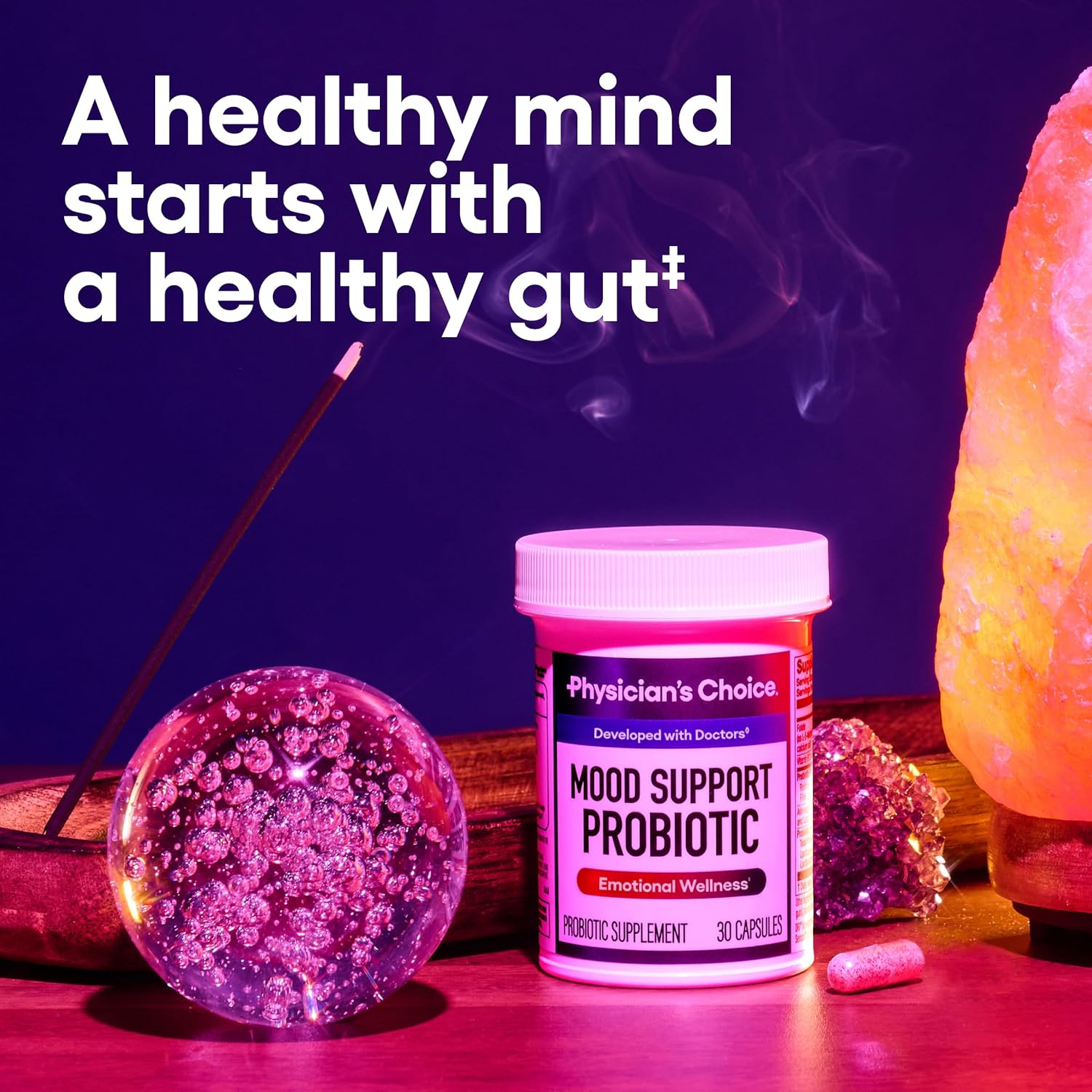 Physician's CHOICE Mood Support Probiotic - Supports a Balanced Mood, Healthy Stress Response & Digestive Health with Prebiotics, Ashwagandha, Vitamin B12, Folate - for Men & Women - 30ct