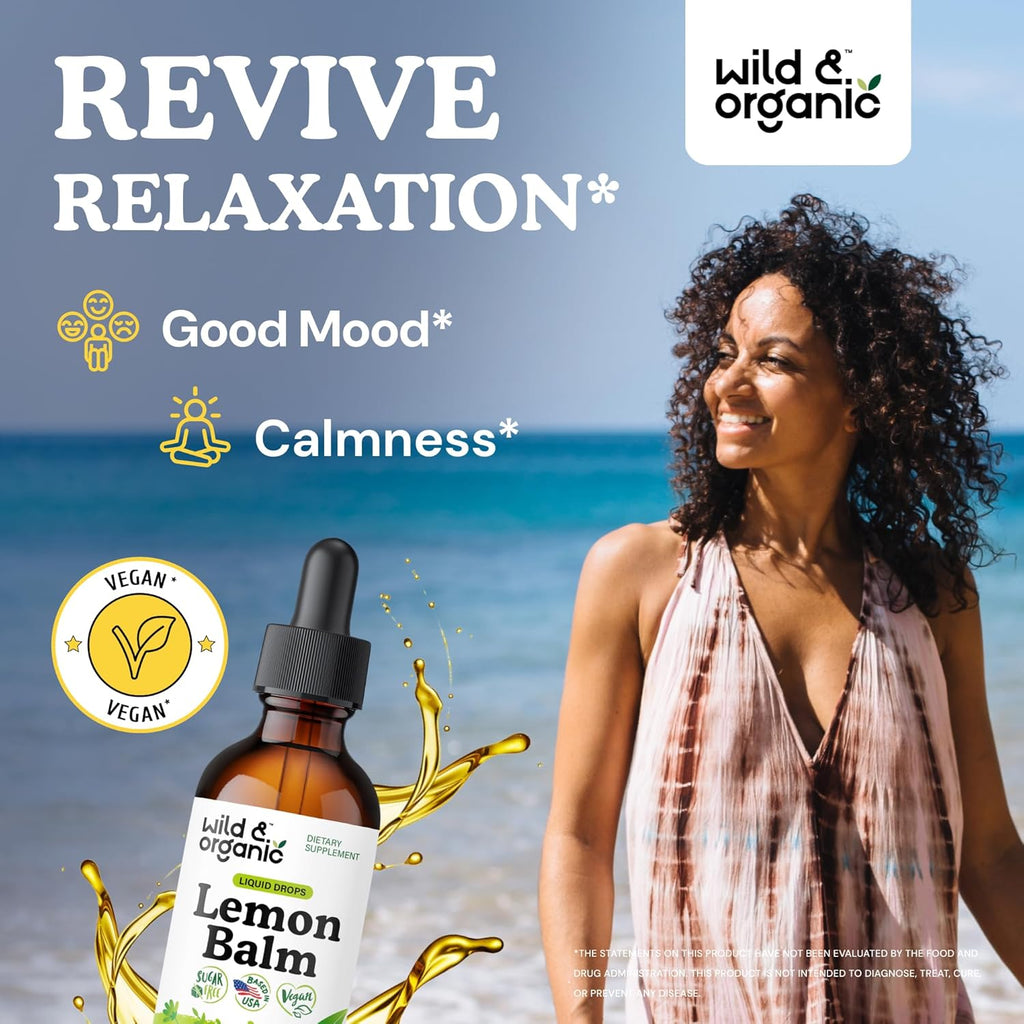 Wild & Organic Lemon Balm Drops - Relaxing Lemon Balm Leaf Extract Supplement - Calming Melissa Officinalis Tincture - Vegan, Sugar & Alcohol-Free - 2 fl oz