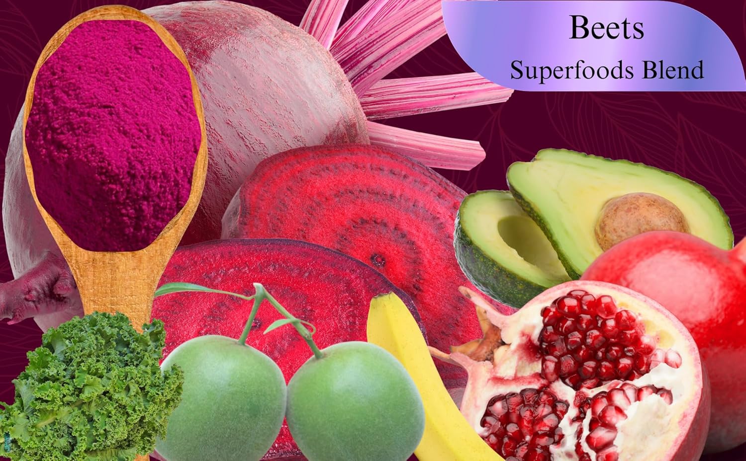 Beets Superblend 100% Freeze Dried Powder Juice, Beets, Pomegranate, Avocado, Kale, Banana, Monk Fruit, No Sugar Added.