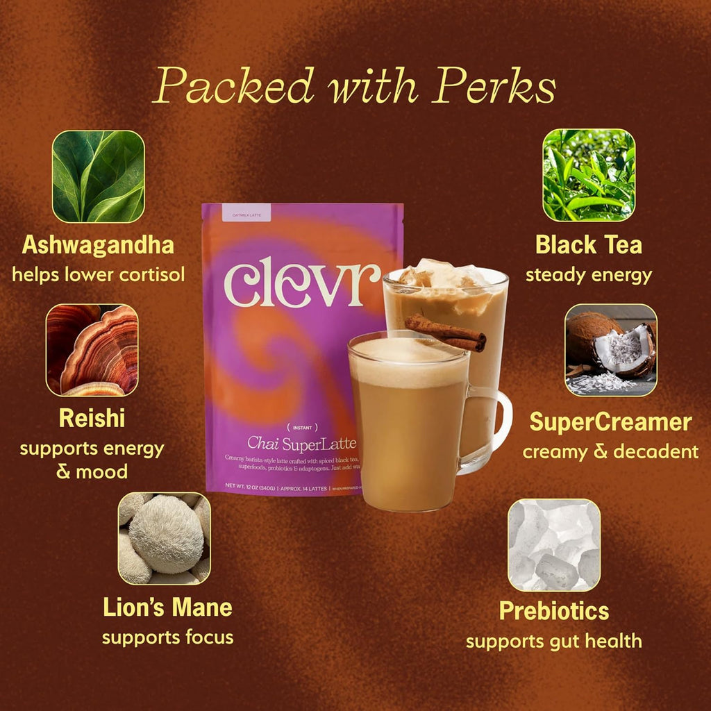 Clevr Blends Chai Tea Latte, Instant Superfood Powder Blend with Oat Milk, Lions Mane, Reishi Mushroom, Black Tea, Organic Spices, Coconut Cream, Ashwagandha, Oprah’s Favorite Things 2022, (30 Lattes)