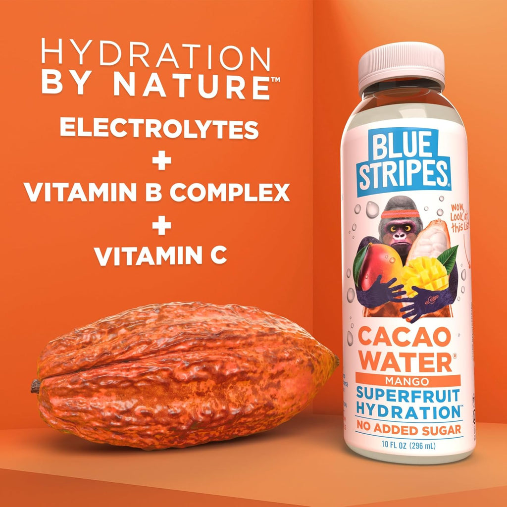 Blue Stripes Cacao Water (Mango) - All-Natural, No Sugar Added, Superfruit Hydration - Electrolytes & Antioxidants | Vitamin C & B | No Artificial Ingredients | (12 Pack)
