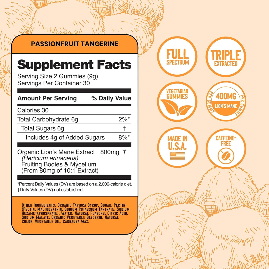 Troomy Lion's Mane Focus Gummies 30 Count - Natural Tangerine and Passionfruit Flavor, Gelatin-Free, Gluten-Free, Vegetarian