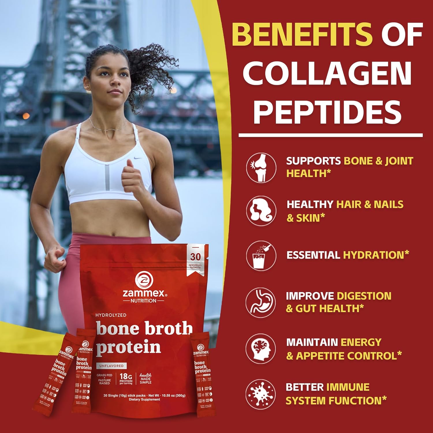 Zammex Bone Broth Packets-20g Collagen Protein-Beef Bone Broth Powder to Go-30 Travel Stick Packets-Supports Skin Nails Joints, Gut Health | Gluten-Free |Keto & Paleo Friendly (15 Servings)