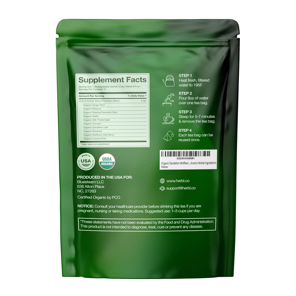 Organic Dandelion Wolfberry Tea - Kidney and Liver Detox Tea - Organic Liver Kidney Cleanse & Detox with Dandelion, Goji Berry, Milk thistle, Turmeric, Hibiscus and extra Herbal Ingredients