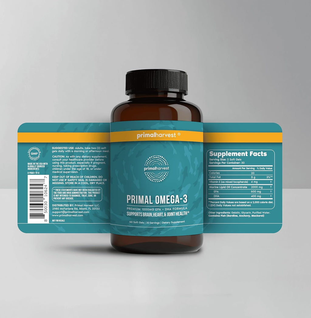Primal Harvest Omega 3 Fish Oil Supplements, 30 Servings Soft Gels Capsules w/ 1000mg EPA + DHA Supplements, No Fishy Burps Non-GMO Omega 3 Fatty Acid, 2 Pack