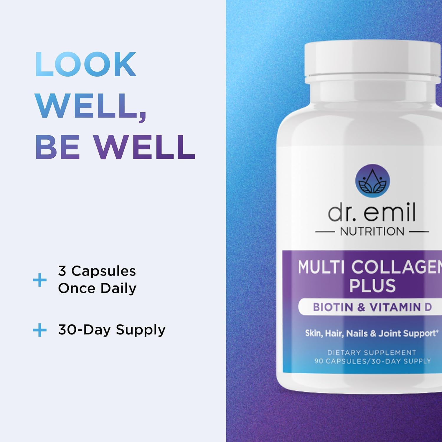 DR. EMIL NUTRITION Multi Collagen Peptides Plus Biotin and Vitamin D - Biotin and Collagen Supplements for Hair Skin and Nails - Biotin Pills for Hair Growth