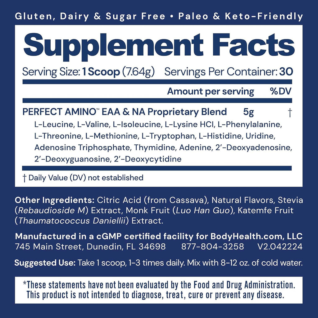 BodyHealth PerfectAmino Powder - BCAA and EAA Powder for Pre and Post Workout - Amino Acid Energy Drink for Men and Women to Support Lean Muscle and Recovery - Lemon Lime - 30 Servings