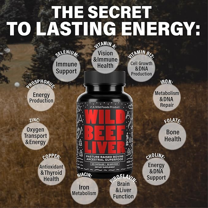 Wild Foods Beef Liver Capsules - Grass-Fed & Pasture-Raised | 3000mg Ancestral Supplement for Natural Energy & Immune Support | Organ Supplement for Men & Women | Keto, Paleo, Carnivore (120 Softgels)