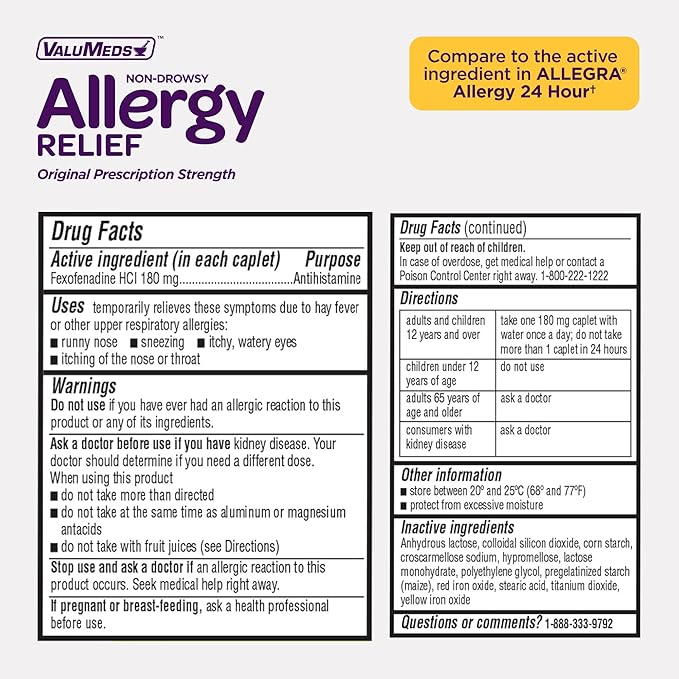 ValuMeds 24-Hour Allergy Relief Fexofenadine Hydrochloride 180mg | Non-Drowsy Antihistamine Generic Medicine for Allergies, Hay Fever, Itchy Eyes for Kids, Adults | Compare to Allegra (200-Count)