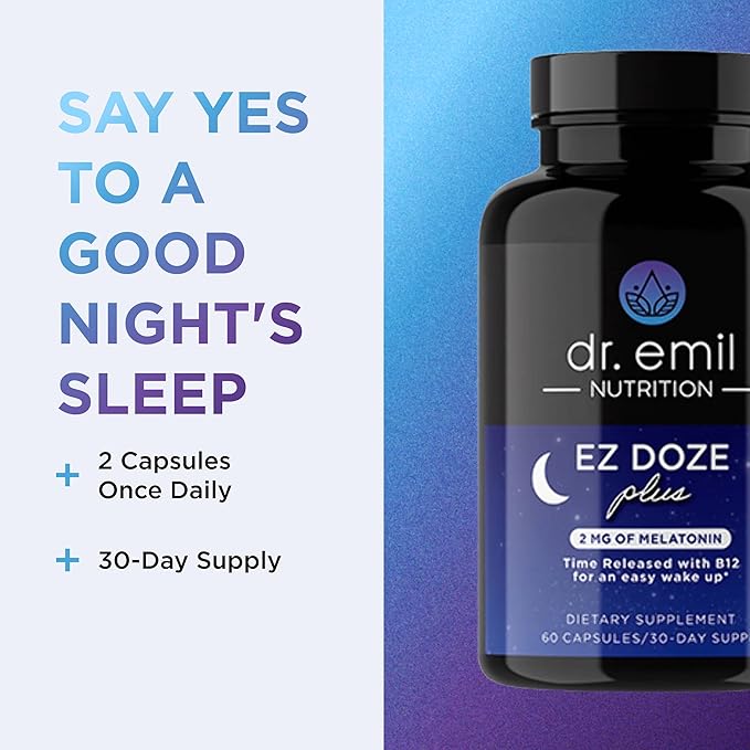 DR. EMIL NUTRITION EZ Doze Plus Natural Sleep Aid with Melatonin, L-Theanine, GABA & 5HTP - Extra Strength Sleeping Pills for Adults - Safe and Non-Habit Forming (60 Veggie Capsules)