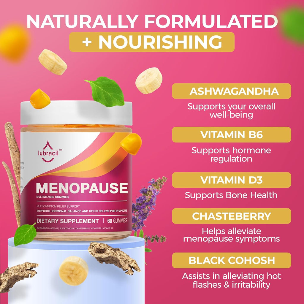 Lubracil Menopause Gummies for Women, Perimenopause Supplements with Black Cohosh & Ashwagandha, Hot Flashes, Night Sweats, Hormonal Balance, 180 Gummies (Pack of 2)
