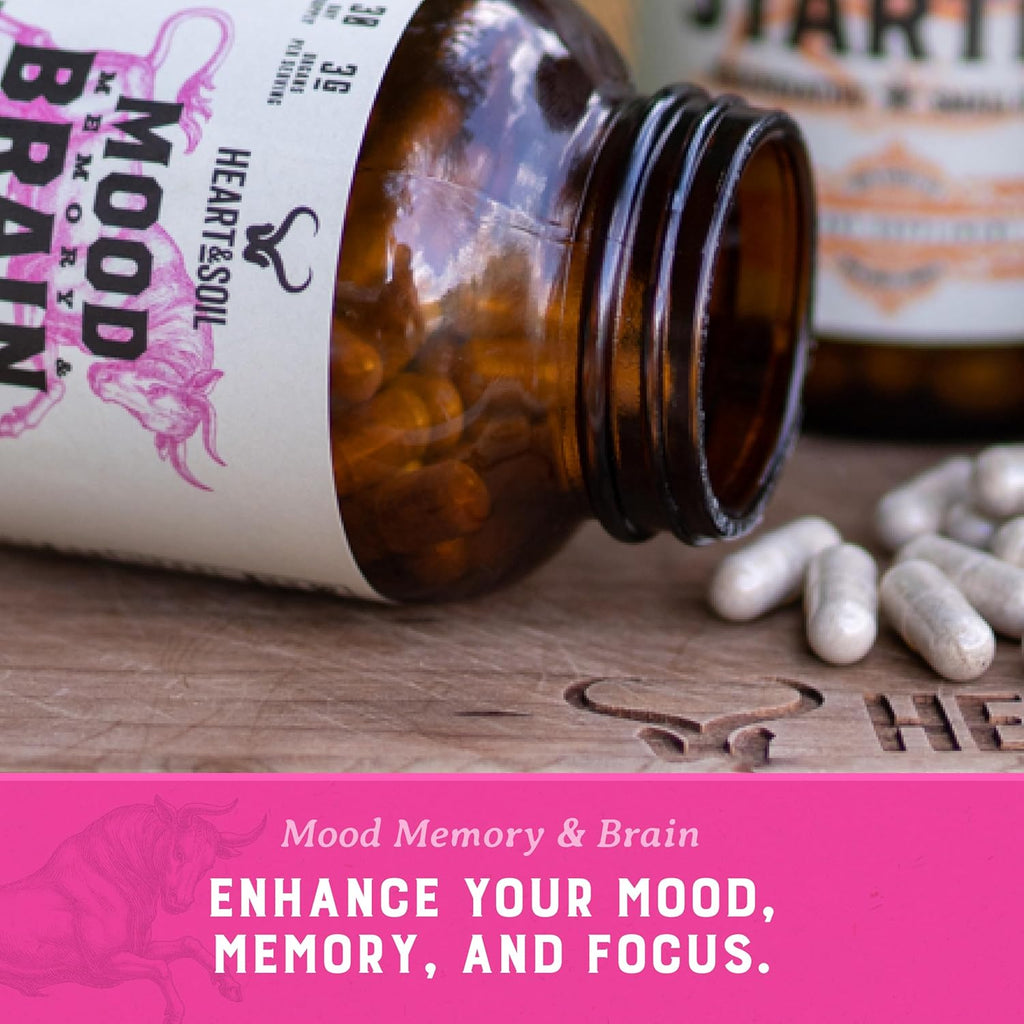 HEART & SOIL Grass Fed Beef Brain Supplement – 3000mg Brain Supplements for Memory and Focus with DHA, EPA, Choline, B12, Folate, Riboflavin, Selenium & Copper - Non-GMO, Allergen-Free - 180 Capsules