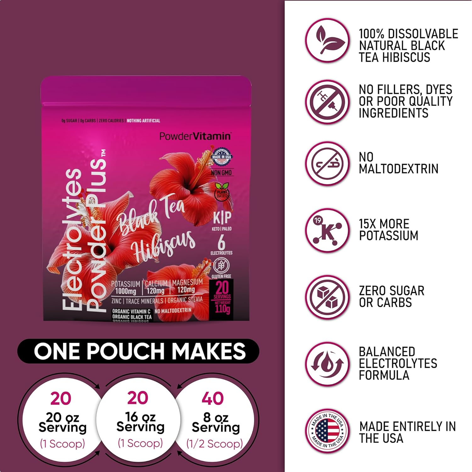 PowderVitamin Electrolytes Powder Plus (20 Servings) Black Tea Hibiscus Electrolyte Powder Keto, Sugar Free, Pink Himalayan Salt,1000mg Potassium,120mg Calcium,120mg Magnesium, Hydration Powder