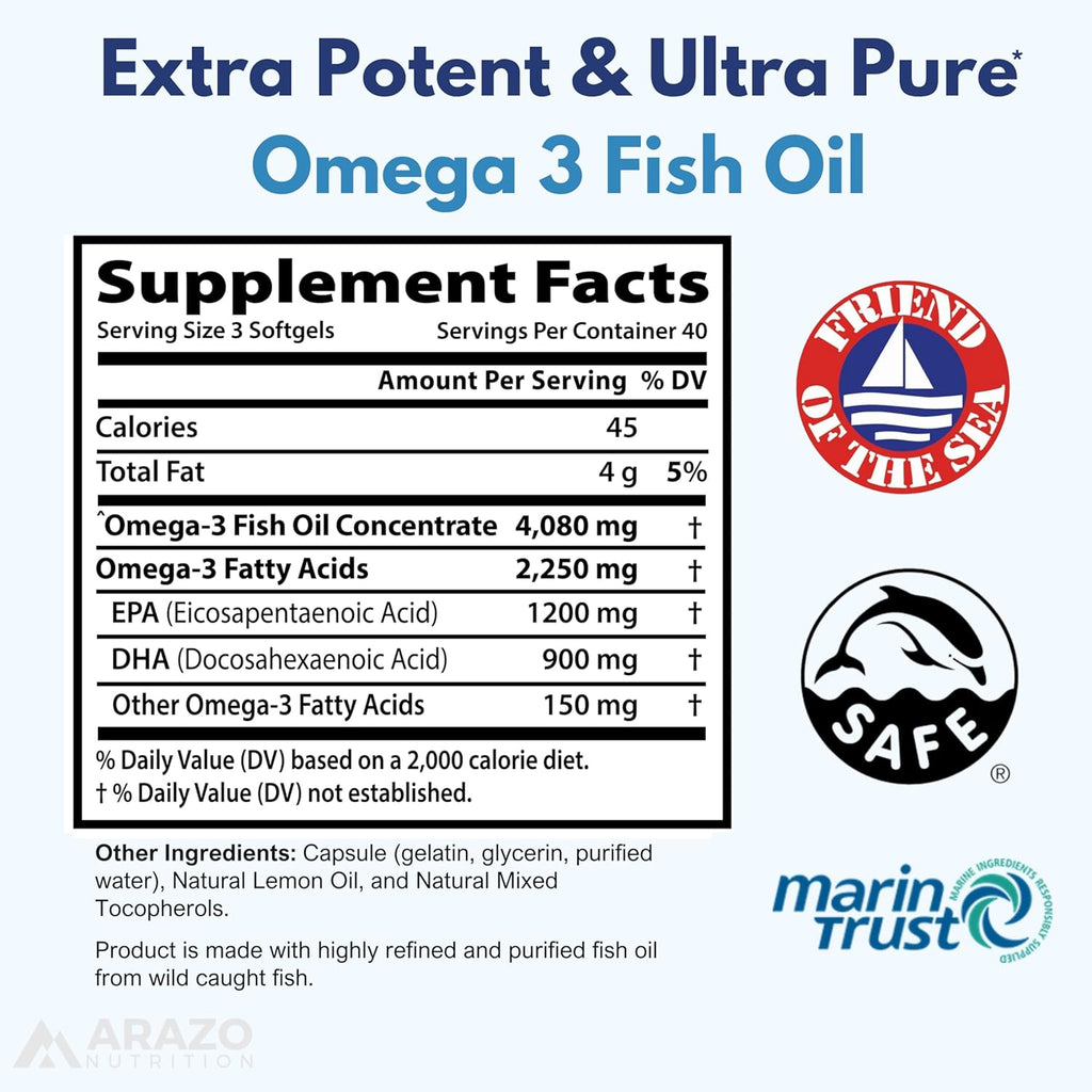 Arazo Nutrition Wild Caught Omega 3 Fish Oil – 120 Soft Gels – 4,080mg High EPA 1200mg DHA 900mg Lemon Flavor Burpless Softgels