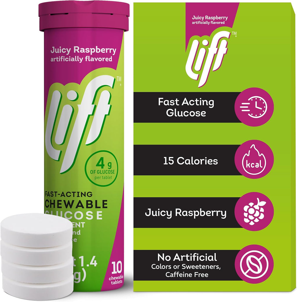 Lift Glucose Fast-Acting Glucose Chewable Energy Tablets, Raspberry, 10 ct Tube (Pack of 12)