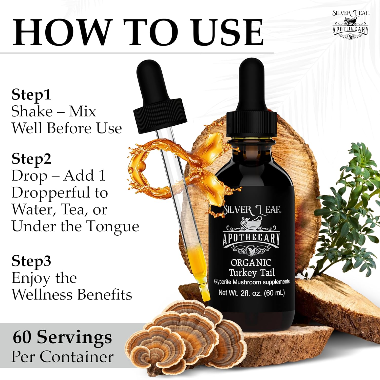 Silverleaf Apothecary Organic Triple-Extracted Turkey Tail Tincture Mushroom Supplement for Immune Support, Gastrointestinal & Gut Microbiome Wellness - 2 Fl Oz (60ml)