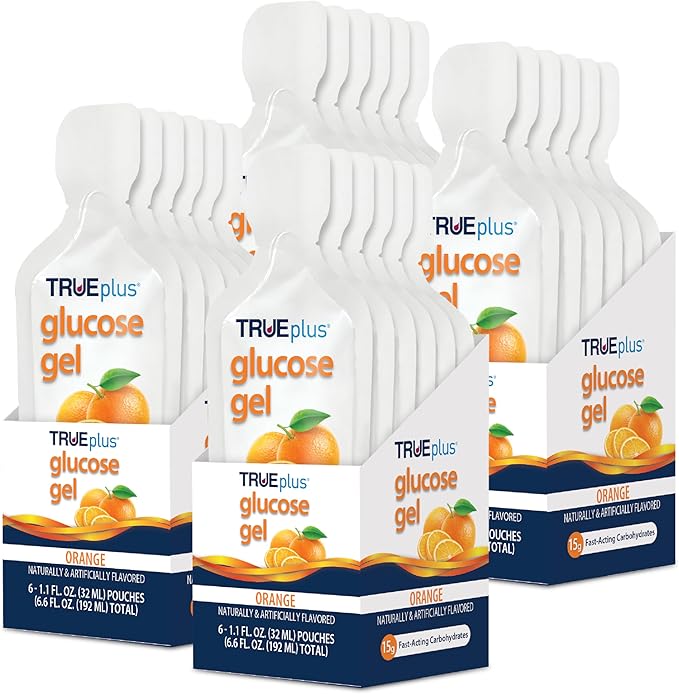 TRUEplus Glucose Gel Pouch, Orange Flavor, 15g Fast-Acting Carbohydrates, Fat Free, Gluten Free, Quick Support for Low Blood Sugar and Energy, 24 Pack