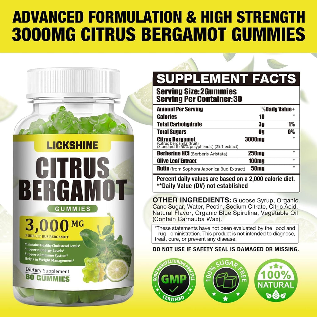 2 Pack 3000MG Citrus Bergamot Gummies - Citrus Bergamot Extract Cholesterol Lowering Supplement for Immune Support Anti-Aging, Hight Cholesterol Sugar-Free Vegan Lime Flavor 120 Cts